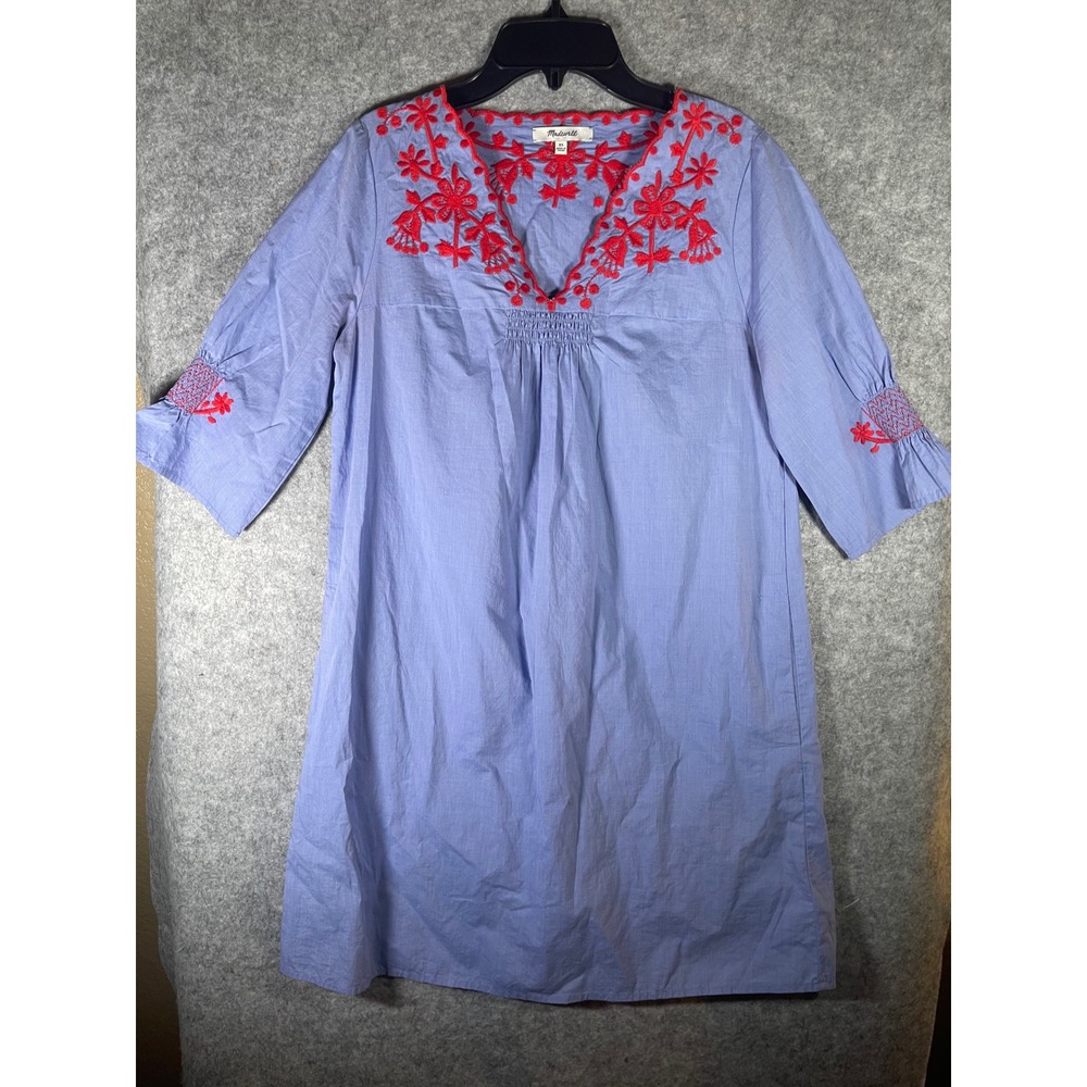 Madewell Blue Red‎ Embroidered Cotton Shift Dress G7784 XS Womens Mini V-Neck
